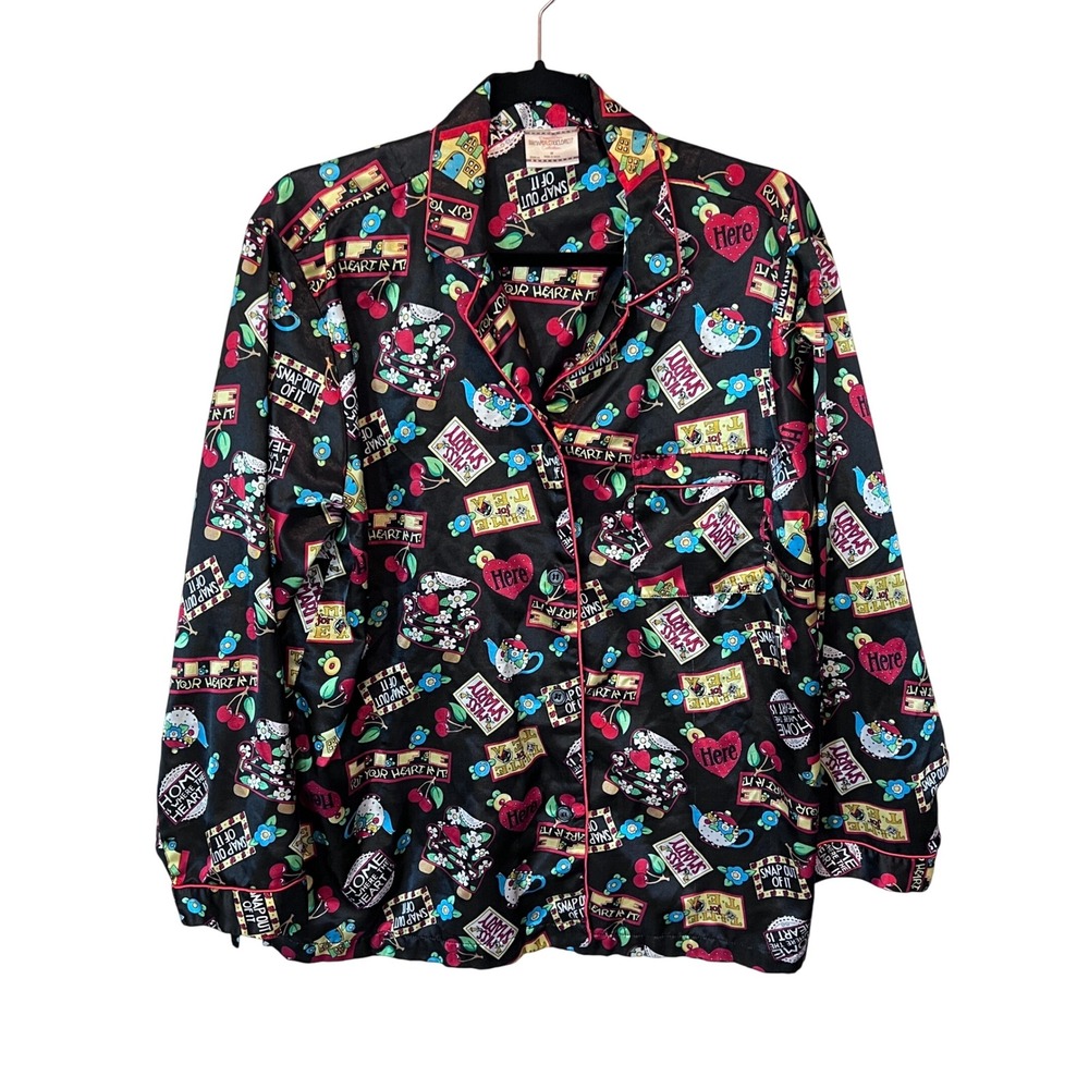 Mary Engelbreit Pajama Top Size‎ M Novelty Print Cherries Tea Party Lounge Shirt